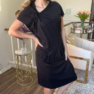 Armani Collezioni Vtg Short Sleeves Pleated Midi Black Dress Stretch Viscose 14